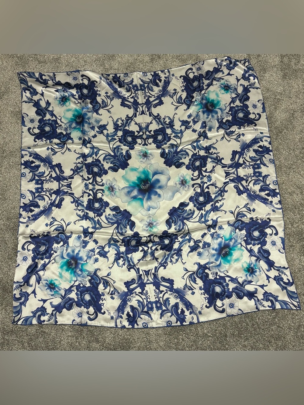 Large Floral Blue and Teal Silk Square Scarf